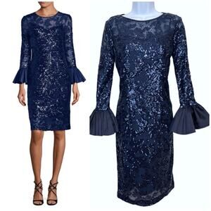 Rickie Freeman for Teri Jon Navy Sequined lace bell sleeve Dress